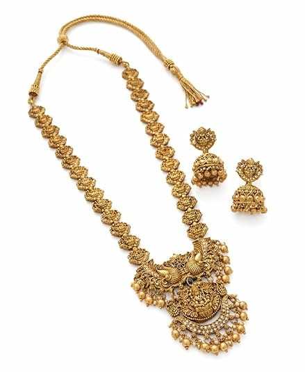 South Indian Traditional Antique Matte Gold Finish Goddess Lakshmi & Peacock Motif Long Necklace Set with Jhumka Earrings for Women